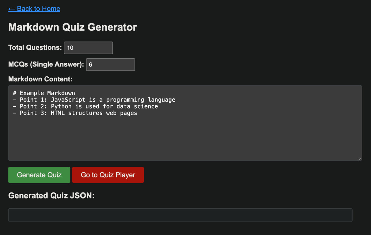 Screenshot of the quiz generator in action, showing a sample quiz generated from some markdown notes.
